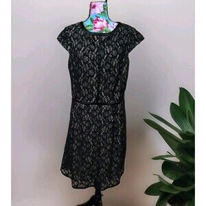 R&K Women's Black Lace Overlay Knee Length Dress W/ Beige Underdress Size 14